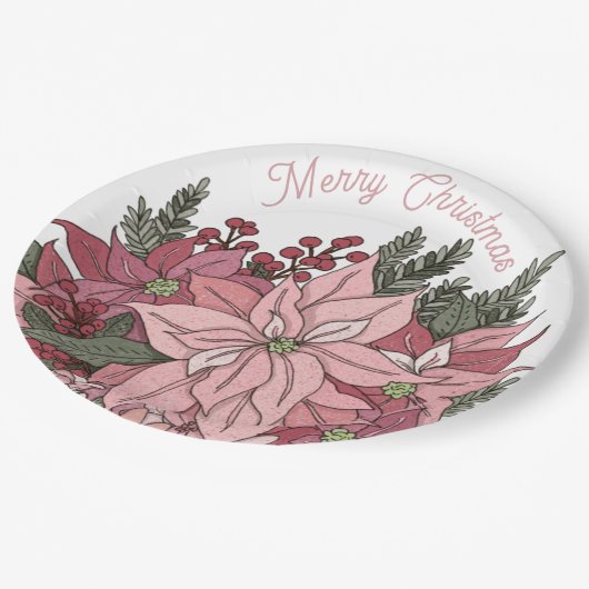 Poinsettia Rabbit Frohe Weihnachten Pappteller (Schrägansicht)