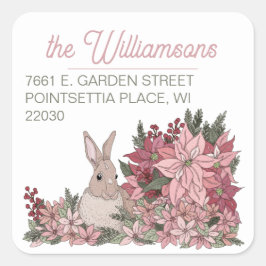 Poinsettia Rabbit Frohe Weihnachts-Rücksendeadress Quadratischer Aufkleber