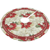 Poinsettia Red Beige Festliche Worte Weihnachten Polyester Weihnachtsbaumdecke (Schrägansicht)