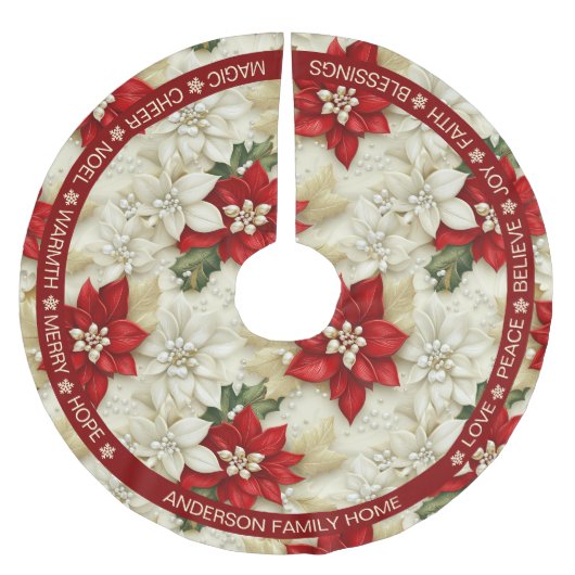 Poinsettia Red Beige Festliche Worte Weihnachten Polyester Weihnachtsbaumdecke (Vorderseite)