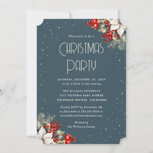 Poinsettia Red Berries Charcoal Christmas Party Einladung