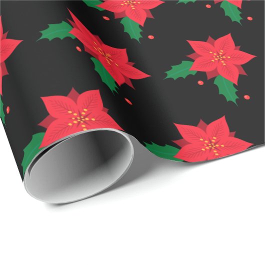 Poinsettia Red Christmas Blume Pattern auf Schwarz Geschenkpapier (Rolleneckpunkt)