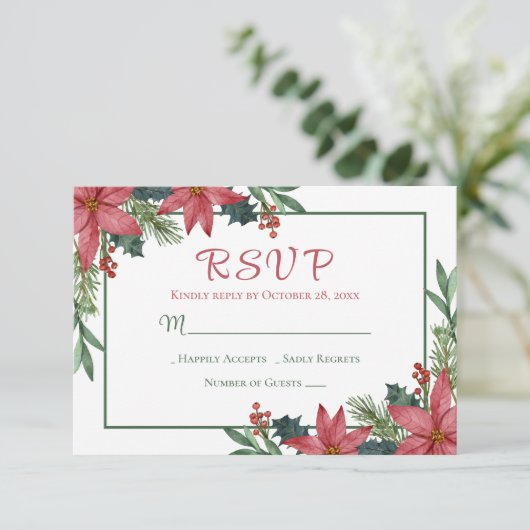 Poinsettia Red Christmas Floral Wedding RSVP (Stehend Vorderseite)
