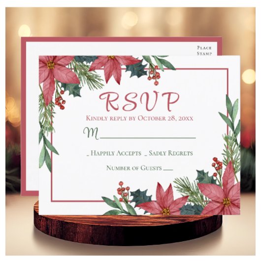 Poinsettia Red Christmas Floral Wedding RSVP Postkarte