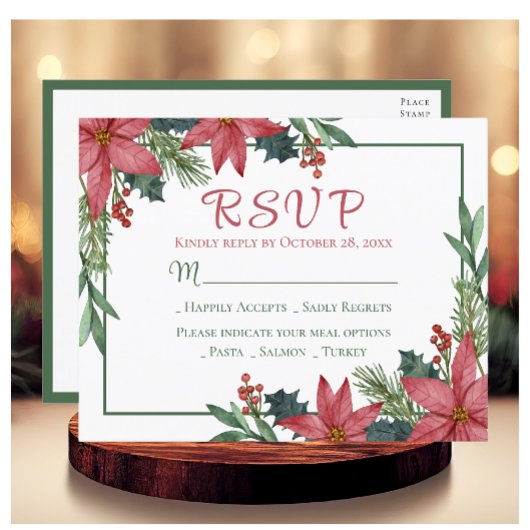 Poinsettia Red Christmas Floral Wedding RSVP Postkarte