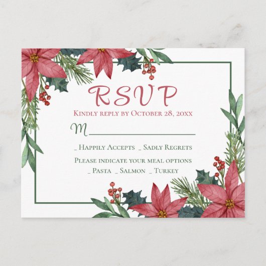 Poinsettia Red Christmas Floral Wedding RSVP Postkarte (Vorderseite)
