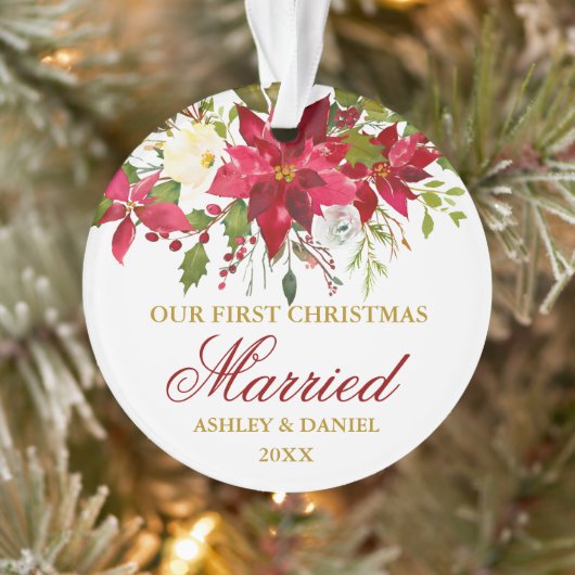 Poinsettia Red Floral Gold Erste Weihnachtsfeier V Ornament (Baum)