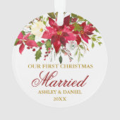 Poinsettia Red Floral Gold Erste Weihnachtsfeier V Ornament (Rückseite)