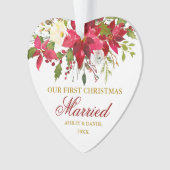 Poinsettia Red Gold First Christmas Verheiratet He Ornament (Vorderseite)