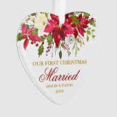 Poinsettia Red Gold First Christmas Verheiratet He Ornament (Vorderseite)