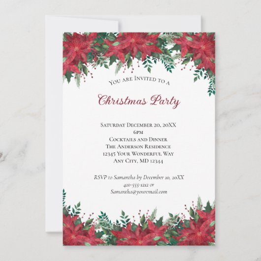 Poinsettia Red Green Holiday Weihnachts-Party Invi Einladung (Vorderseite)