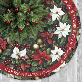 Poinsettia Red Green Pine Festliche Worte Weihnach Polyester Weihnachtsbaumdecke