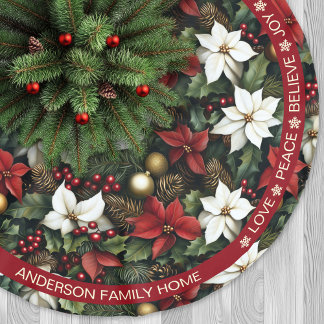Poinsettia Red Green Pine Festliche Worte Weihnach Polyester Weihnachtsbaumdecke