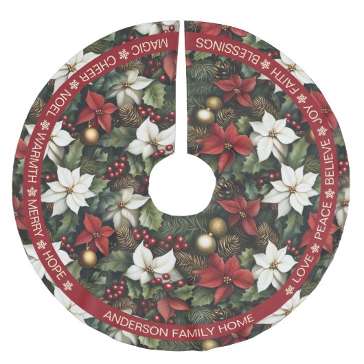 Poinsettia Red Green Pine Festliche Worte Weihnach Polyester Weihnachtsbaumdecke (Vorderseite)