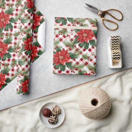 Poinsettia Red White Karo Patterns Weihnachtsgesch Geschenkpapier (Kunsthandwerk)