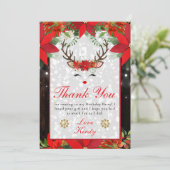 Poinsettia Reindeer Christmas Geburtstagsparty Dankeskarte (Stehend Vorderseite)