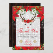 Poinsettia Reindeer Christmas Geburtstagsparty Dankeskarte (Vorne/Hinten)