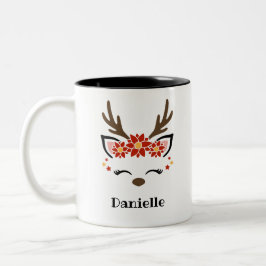 Poinsettia Reindeer Face Personalisierter Name Hol Zweifarbige Tasse