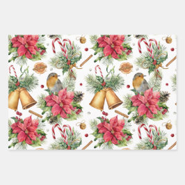 Poinsettia, Robin, Glocken, Kerzen, rote Beere Geschenkpapier Set