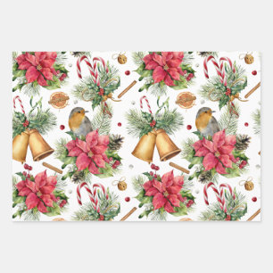 Poinsettia, Robin, Glocken, Kerzen, rote Beere Geschenkpapier Set
