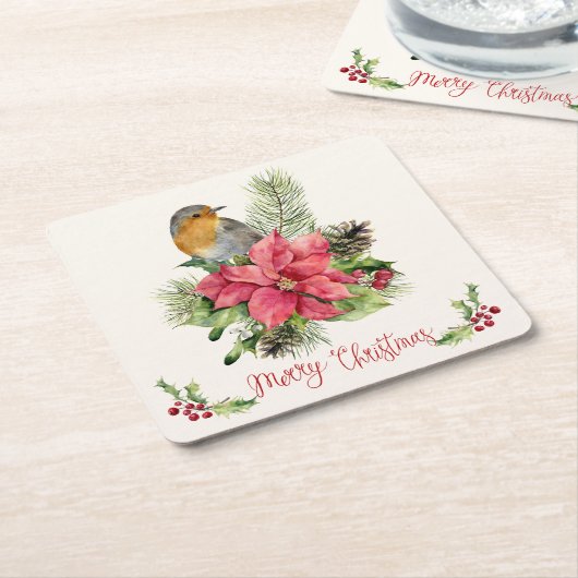 Poinsettia, Robin, Heilige, Kiefer, Kegel Weihnach Rechteckiger Pappuntersetzer (angewinkelt)