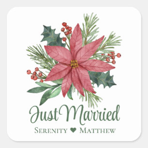Poinsettia-Rot Florale Winter Hochzeit Frisch Verm Quadratischer Aufkleber