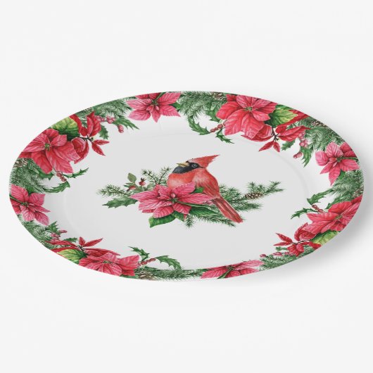 Poinsettia Roter Kardinal Weihnachtsfeiertag Pappteller (Schrägansicht)