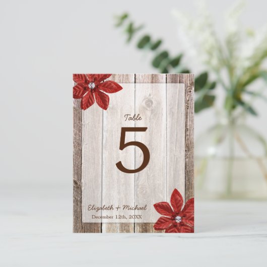 Poinsettia Rustic Barn Wood Wedding Tischnummer (Stehend Vorderseite)