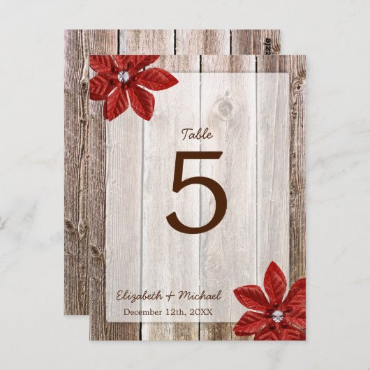 Poinsettia Rustic Barn Wood Wedding Tischnummer (Vorne/Hinten)