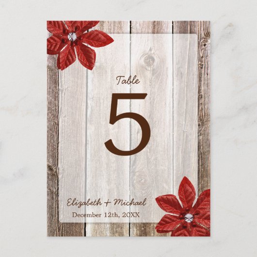 Poinsettia Rustic Barn Wood Wedding Tischnummer (Vorderseite)