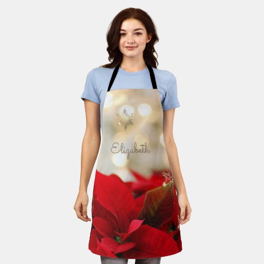 Poinsettia, Shiny-Gold-Schneeflocken - Personalisi Schürze (Getragen)