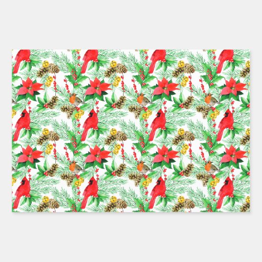 Poinsettia Spruce Branches Cones Robin Kardinals Geschenkpapier Set (Vorderseite 2)