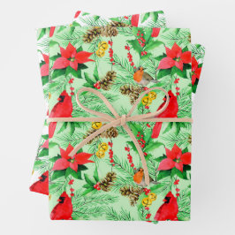 Poinsettia Spruce Branches Cones Robin Kardinals Geschenkpapier Set