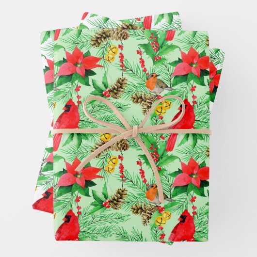Poinsettia Spruce Branches Cones Robin Kardinals Geschenkpapier Set (Beispiel)