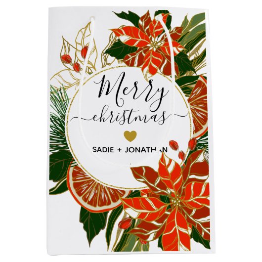 Poinsettia und Citrus Gold Frohe Weihnachten Mittlere Geschenktüte (Vorderseite)