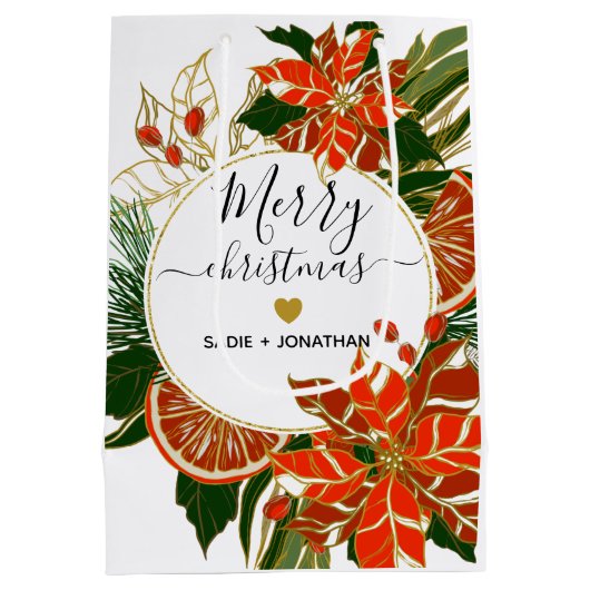 Poinsettia und Citrus Gold Frohe Weihnachten Mittlere Geschenktüte (Rückseite)