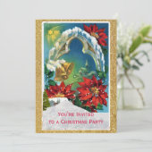 Poinsettia und Gold Bells Weihnachtsfeier Einladung (Stehend Vorderseite)