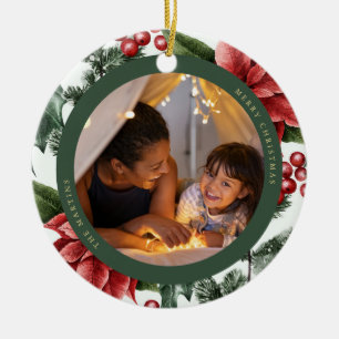 Poinsettia und Grüne Foto und Name Keramik Ornament