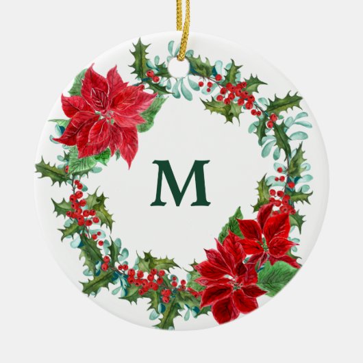 Poinsettia und Holly Wreath Weihnachten Keramik Ornament (Vorne)