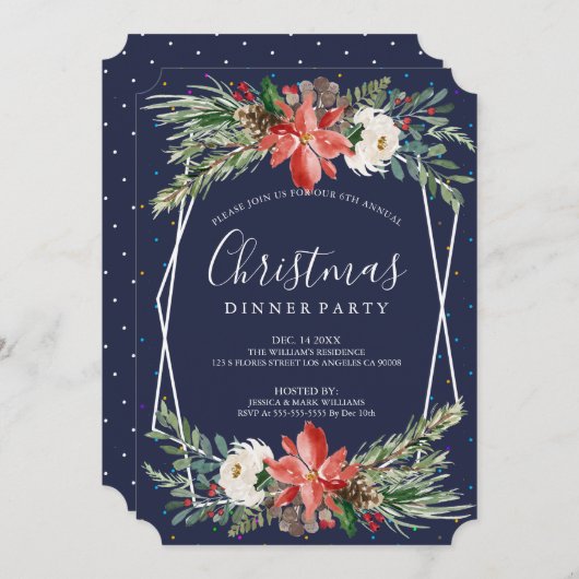 Poinsettia und weiße Rosen zum Abendessen einladen Einladung (Vorne/Hinten)