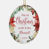 Poinsettia Unsere 1. Weihnachtsfeier als Mr. & Mrs Keramik Ornament (Rechts)