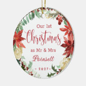 Poinsettia Unsere 1. Weihnachtsfeier als Mr. & Mrs Keramik Ornament (Links)