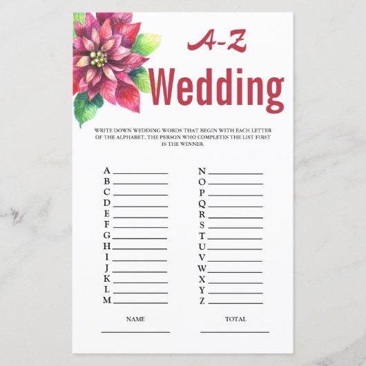 Poinsettia Wedding A-Z Brautparty Game (Vorderseite)