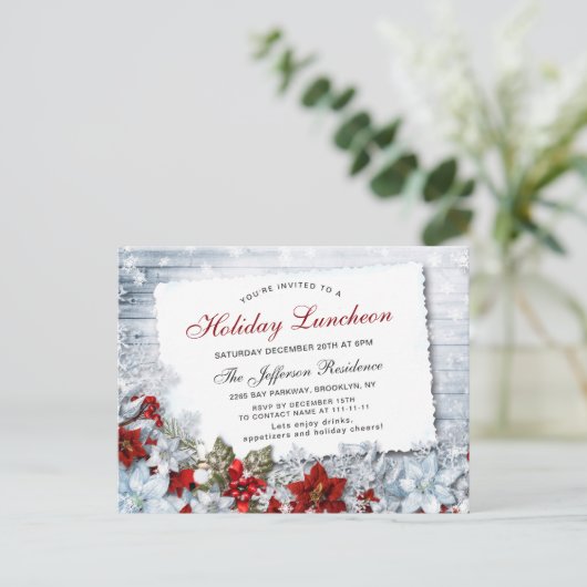 Poinsettia Weihnachtsfeiertag Mittagessen Einladun Postkarte (Stehend Vorderseite)