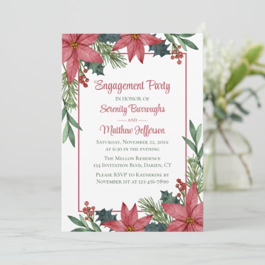 Poinsettia Weihnachtsfeiertag - Verlobung Einladung (Stehend Vorderseite)