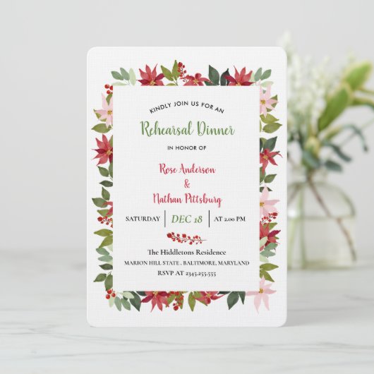 Poinsettia Weihnachtsfest Probe Abendessen Einladung (Stehend Vorderseite)