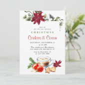 Poinsettia Weihnachtskost & Cocoa Feiertag Party Einladung (Stehend Vorderseite)