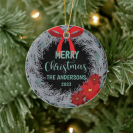 Poinsettia Weihnachtskranz Familienname und Jahr Keramik Ornament