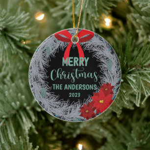 Poinsettia Weihnachtskranz Familienname und Jahr Keramik Ornament