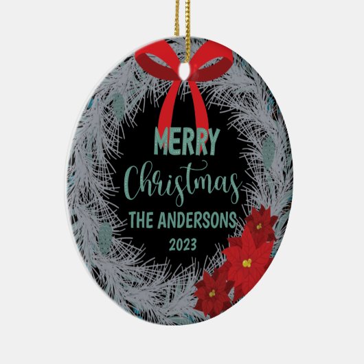 Poinsettia Weihnachtskranz Familienname und Jahr Keramik Ornament (Rechts)